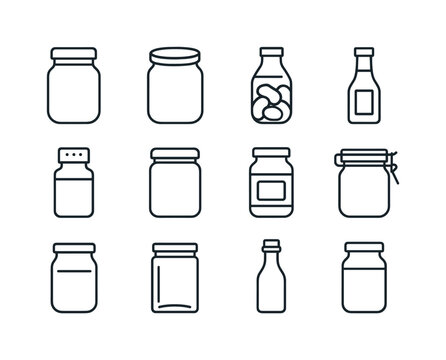 Glass Packaging Icons. Glass food packaging. Line icon set of Glass food packaging: mason jar, twist-off lid, preserved food icon, sauce bottle, spice jar,
