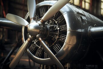 Airplane engine with propeller and radial cowling showcasing intricate mechanical details