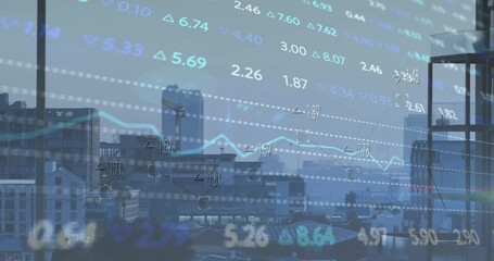 Animation of stock market data processing against aerial view of cityscape - Powered by Adobe