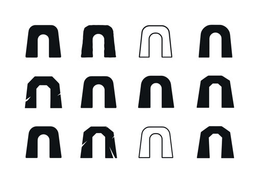 Monolithic Icon Variations. Monolithic building. Icon set. Set Logo of monolithic building: giant stone archway. harmonious logo variations of the same