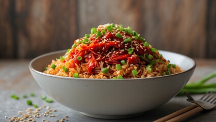 Bowl of flavor: rice, meat, and sesame &mdash; AI-generated