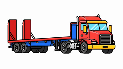 Fototapeta premium Red and blue flatbed trailer truck with empty red uprights on the back