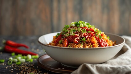 Bowl of flavor: rice, meat, and sesame &mdash; AI-generated