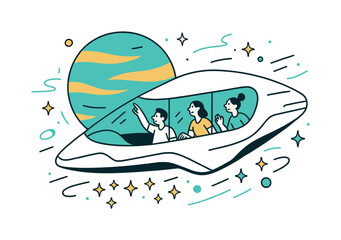 Futuristic Space Tourism. Space tourism. A futuristic spacecraft glides past a giant planet as tourists gaze through panoramic windows; floating stars trail