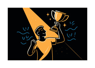 Champion's Trophy Triumph. Champion moment. A winner lifts a trophy as a spotlight cuts through darkness; shimmering accents highlight their pose. Abstract