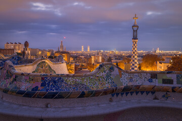 Captivating dawn view over Park Guell in Barcelona, Catalonia