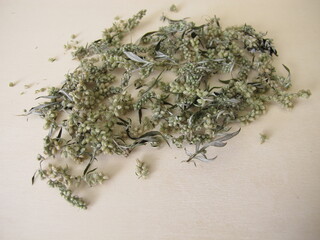 Dried Mugwort on a wooden background