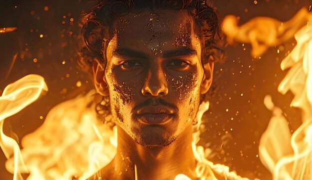 Man Surrounded By Fiery Flames And Sparks With Glitter On His Face