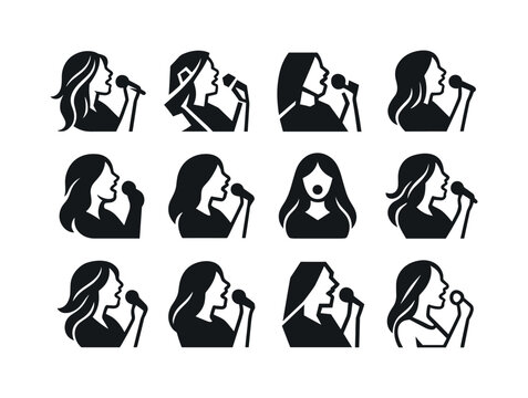 Vocalist Logo Variations. Vocalist singing. Icon set. Set Logo of vocalist singing: singer silhouette with long hair. harmonious logo variations of the same