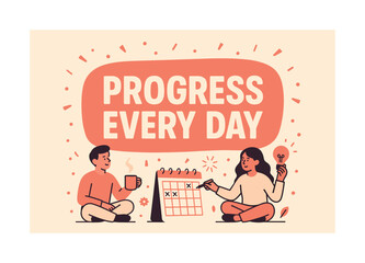 Progress Every Day. Progress Every Day banner, flat vector illustration, bold oversized text inside rounded blob banner, cartoon characters sitting and marking