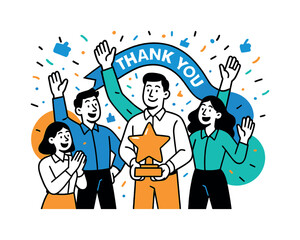 Office Team Celebration. Team celebrations and recognition. Office teammates stand around a central character holding a large star-shaped trophy, confetti and