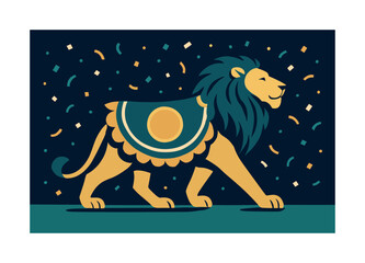 Colorful Circus Parade. Circus parade stride. Lion walking proudly with a flowing decorative cape; confetti drifting like gentle sparks. Bold rhythms