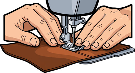 Hands guiding brown material under a sewing machine needle