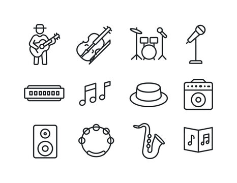 Street Music Icons. Street Musicians. Line icon set of Street Musicians: guitar player, violin icon, drum set, microphone stand, harmonica, music notes, tip