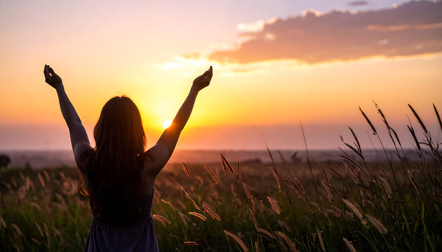 Silhouette Woman Raising Hands in Prayer at Golden Sunset Meadow