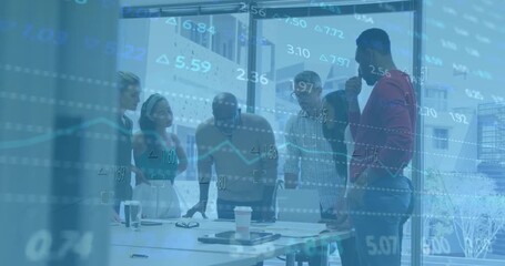 Animation of financial data processing over diverse business people in office - Powered by Adobe