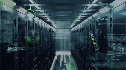 Animation of eco icons and digital data processing over computer servers - Powered by Adobe
