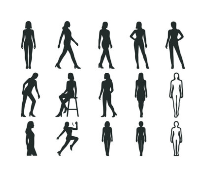 Model Pose Icons. Model poses. Solid icon set of model poses: standing pose, walking pose, turn pose, hand-on-hip pose, leaning pose, sitting pose,