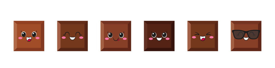 Set piece of chocolate, cute and fun cartoon character, sweet dessert, big eyes, emotions joy delight, happy smiling face, kawaii style, icon vector children's illustration.