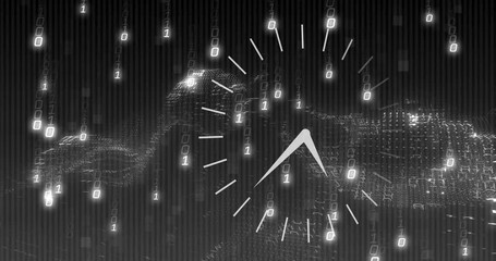 Animation of moving clock over network of connections on black background - Powered by Adobe