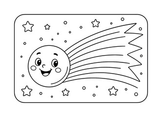Cheerful Comet Coloring. Comet in space children?s coloring book illustration, outlined drawing, cheerful comet with a long tail passing by stars, educational
