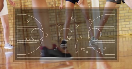 Basketball court strategy animation over players practicing on indoor court - Powered by Adobe