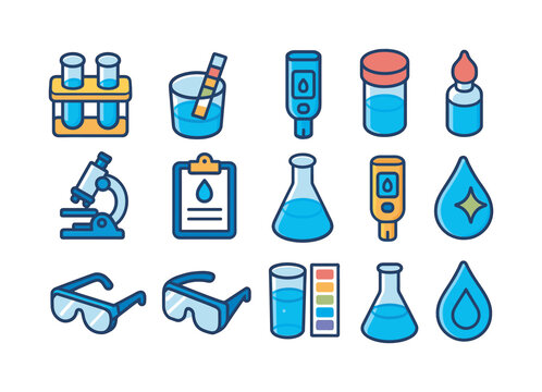 Water Testing Icons. Water testing. Colorful isometric vector icons set of water testing: test tubes, pH strip, TDS meter, sample jar, reagent drops,