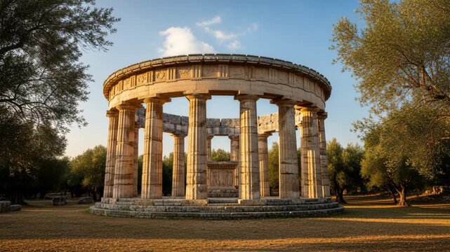 Stunning ancient rotunda surrounded by lush trees at sunset in tranquil landscape
