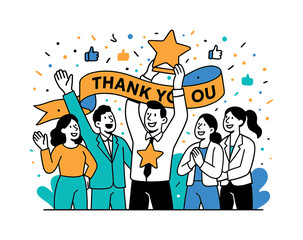 Office Team Celebration. Team celebrations and recognition. Office teammates stand around a central character holding a large star-shaped trophy, confetti and