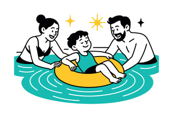 Poolside Family Fun. Pool ring fun. A child lounges on a float while parents playfully push them; gentle waves spread outward. Sunlit accents shimmer. Modern