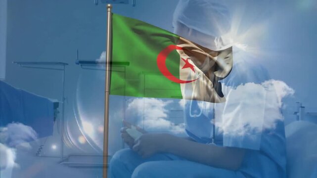 Algerian flag animation waving over healthcare worker in school with clouds