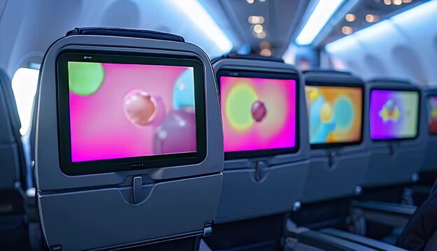 Modern Airplane Cabin Interior Rows of Seats with Backrest Entertainment Screens Displaying Abstract Colorful Graphics