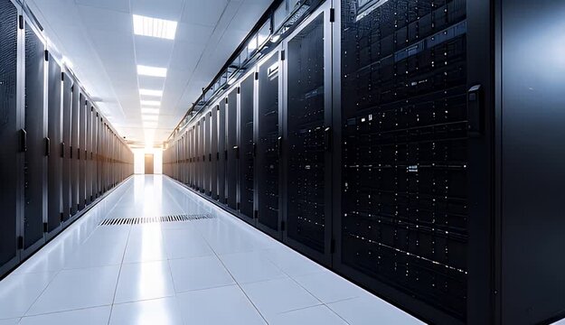 Modern Data Center Server Room With Rows of Racks and Blue Lights and Sun Flare Through Hallway