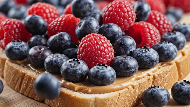Berry Delight: A delightful assortment of blueberries and raspberries adorns a slice of toast spread with creamy peanut butter, showcasing the beauty of a light snack