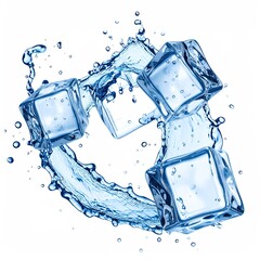 Four translucent ice cubes amidst dynamic, splashing water