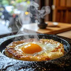 Close-up of a sizzling egg dish in a dark bowl, steam rising