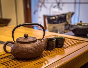 A tea set with a teapot and cups arranged on a wooden tray