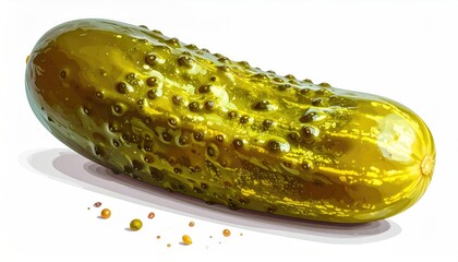 A vibrant, detailed illustration of a single, shiny dill pickle