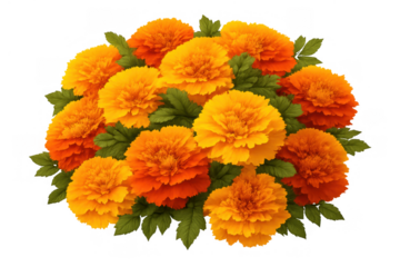Vibrant orange and yellow marigold bouquet arranged with green leaves and blossoms, transparent background