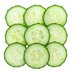 Nine fresh, sliced cucumbers arranged in a grid, showing interior detail