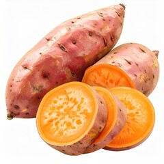 Fresh, whole and sliced root vegetables with reddish-brown skins