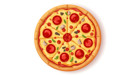 A visually appealing top-down illustration of a pepperoni pizza, sliced into eight equal pieces, is shown against a clean white background featuring a golden-brown crust.