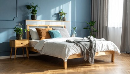 Bright, modern bedroom features a wooden bed, plants, and blue accent wall