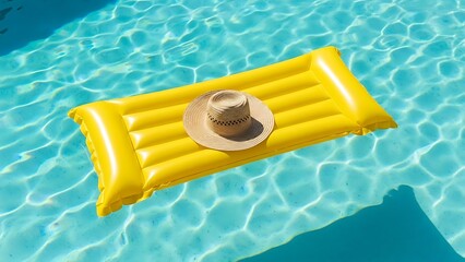 Yellow Inflatable Mattress with Straw Hat Floating on Blue Pool Water