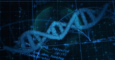 Sequence starting DNA helix materializing drifting rotating while code animating for data analysis - Powered by Adobe