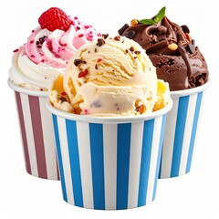 Three scoops of assorted ice cream in colorful striped paper cups