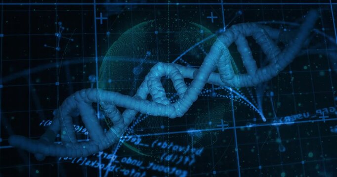 Sequence starting DNA helix materializing drifting rotating while code animating for data analysis