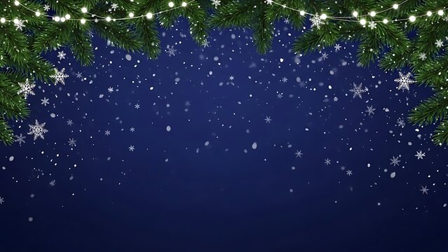 Snow falling on dark blue background with Christmas tree branches and lights snowflakes falling snow