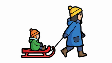 Obraz premium A person pulls a child on a red sled through winter, dressed warmly in hats and coats