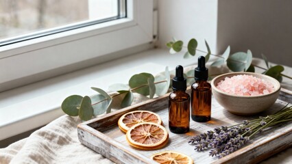 Aromatherapy setup featuring amber glass bottles with essential oils, dried orange slices, lavender sprigs, and pink salt in a bowl, arranged on a wooden tray near a sunlit window with greenery